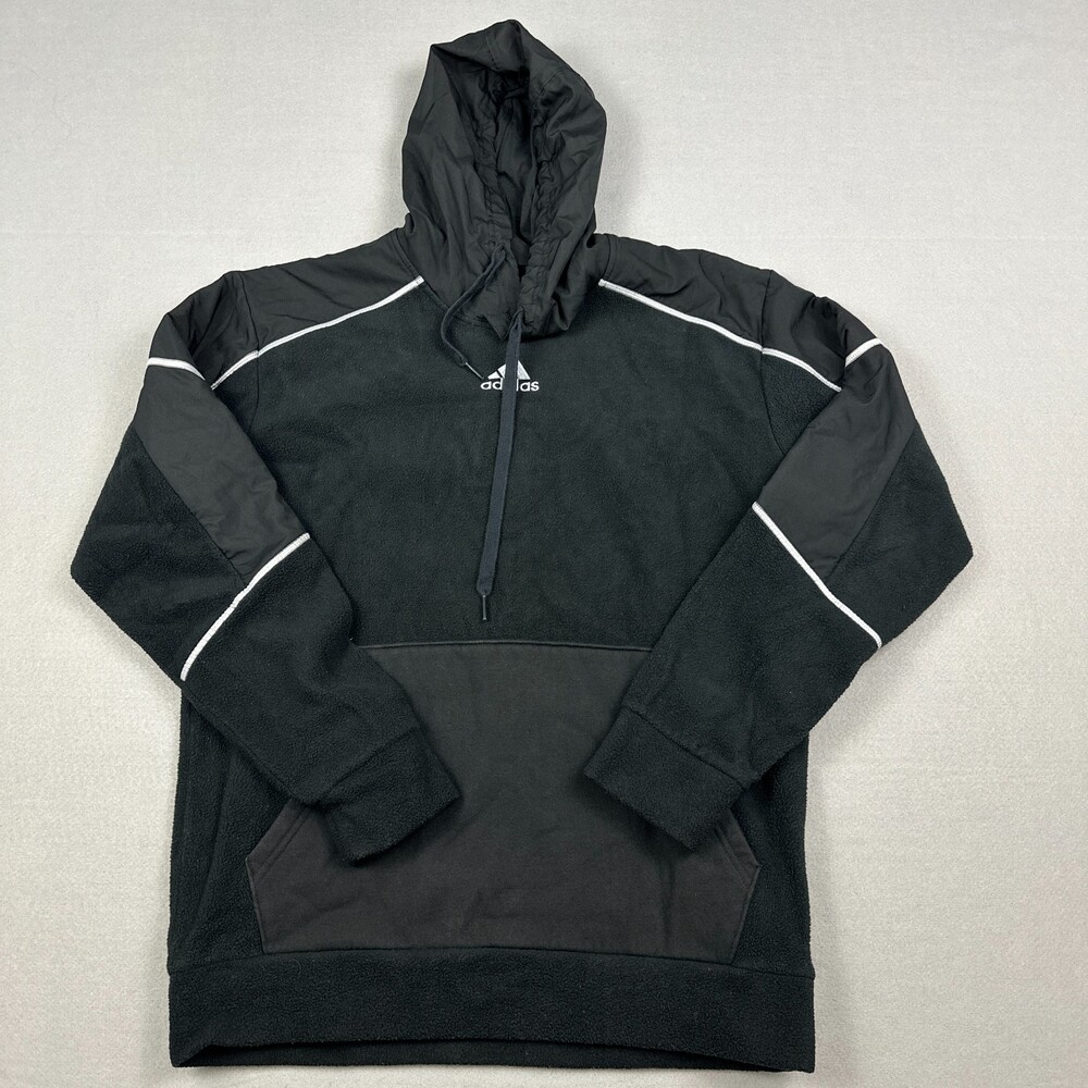 Adidas Hoodie Men Small Black Solid Fleece Pullover Hybrid Sweatshirt Pockets S